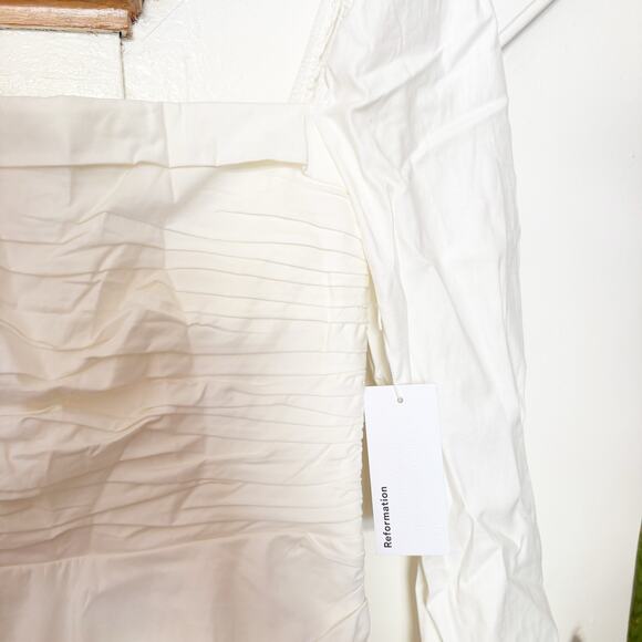NWT Reformation Isaac Dress White Ruched Long Sleeve Side Slit Midi Size 6 - Picture 3 of 11
